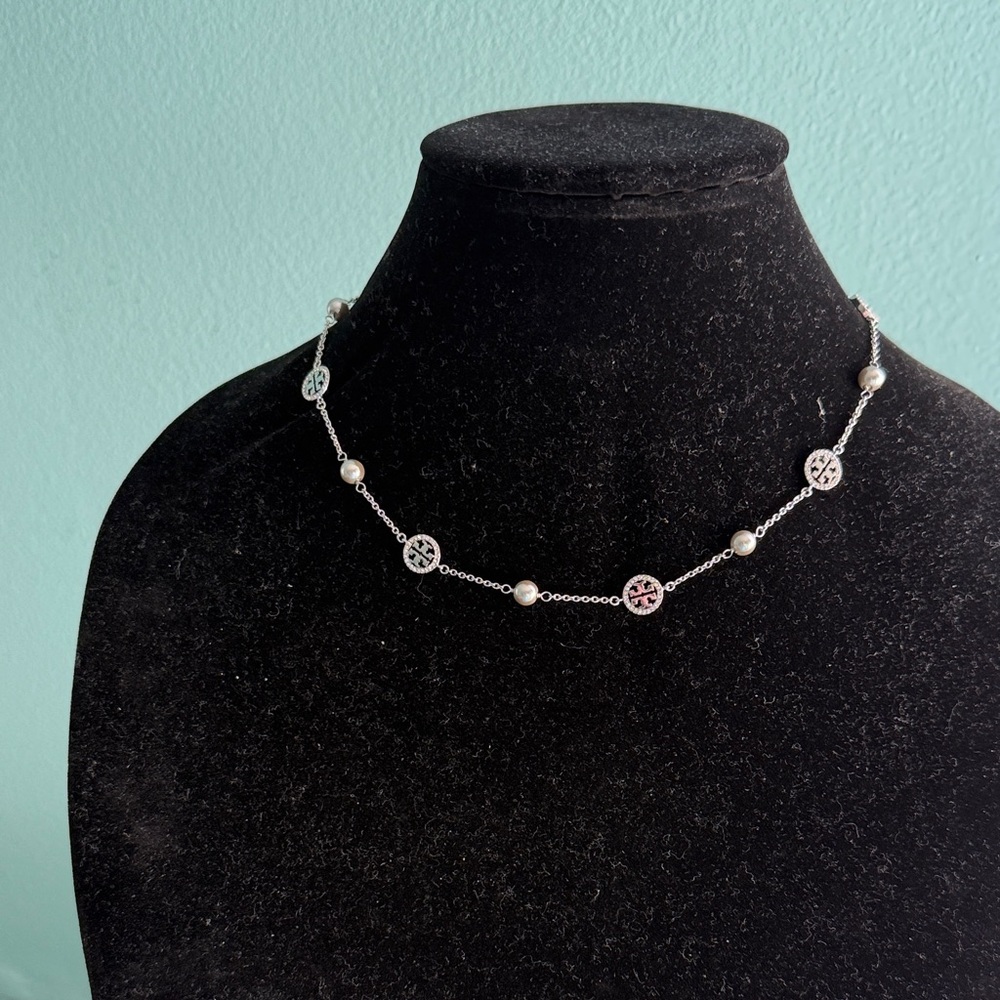 Tory Burch Miller SilverTone Pavé Pearl Short Necklace - Picture 1 of 6